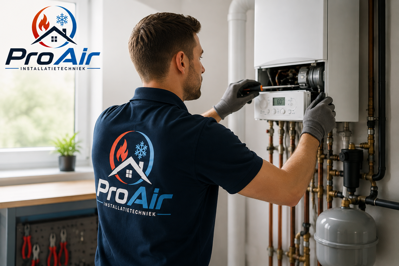 Monteur van ProAir Installatietechniek controleert een cv-ketel